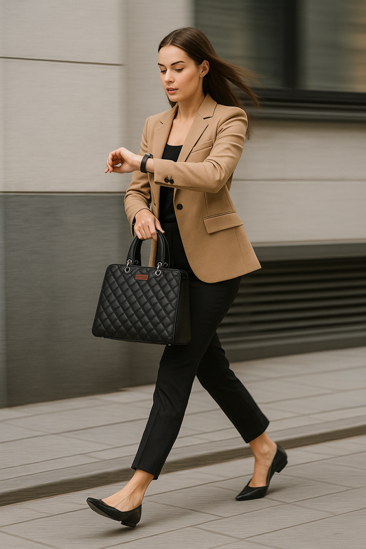 Black Quilted Vegan Leather Tote Bag for Women– Wholesale Top Handle Satchel Handbag