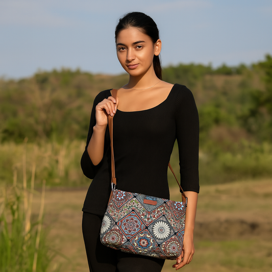 Wholesale Women’s Mandala Crossbody Bags with Vegan Leather Trim Handle