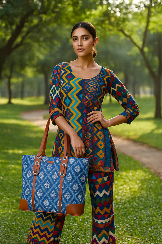 Women’s Blue Shoulder Tote Bags with Vegan Leather Trim Handle – Wholesale
