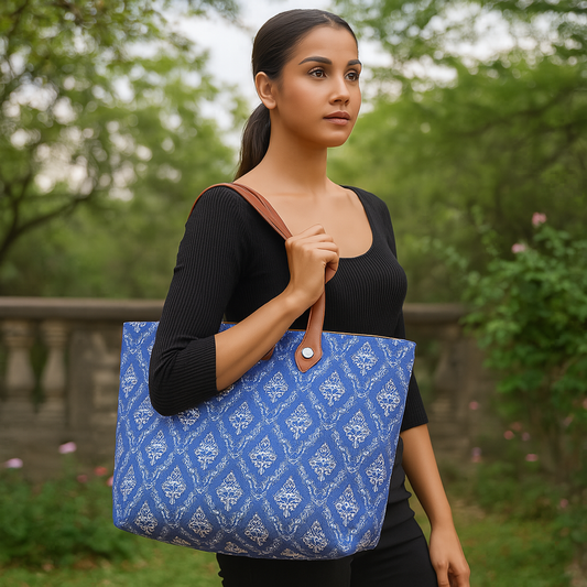 Wholesale Women’s Blue Tote Bags with Vegan Leather Trim Handle