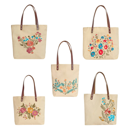 Wholesale Floral Embroidered Canvas Tote Bag with leather
