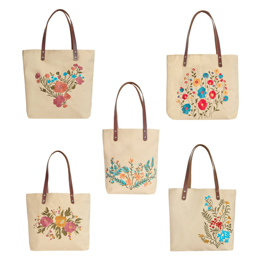 Wholesale Floral Embroidered Canvas Tote Bag with leather