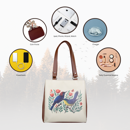 Women’s Wholesale Vegan Leather Tote Shoulder Bag – Hand Printed Birds Print, Multi‑Compartment Handbag for Work, Travel & Everyday Use