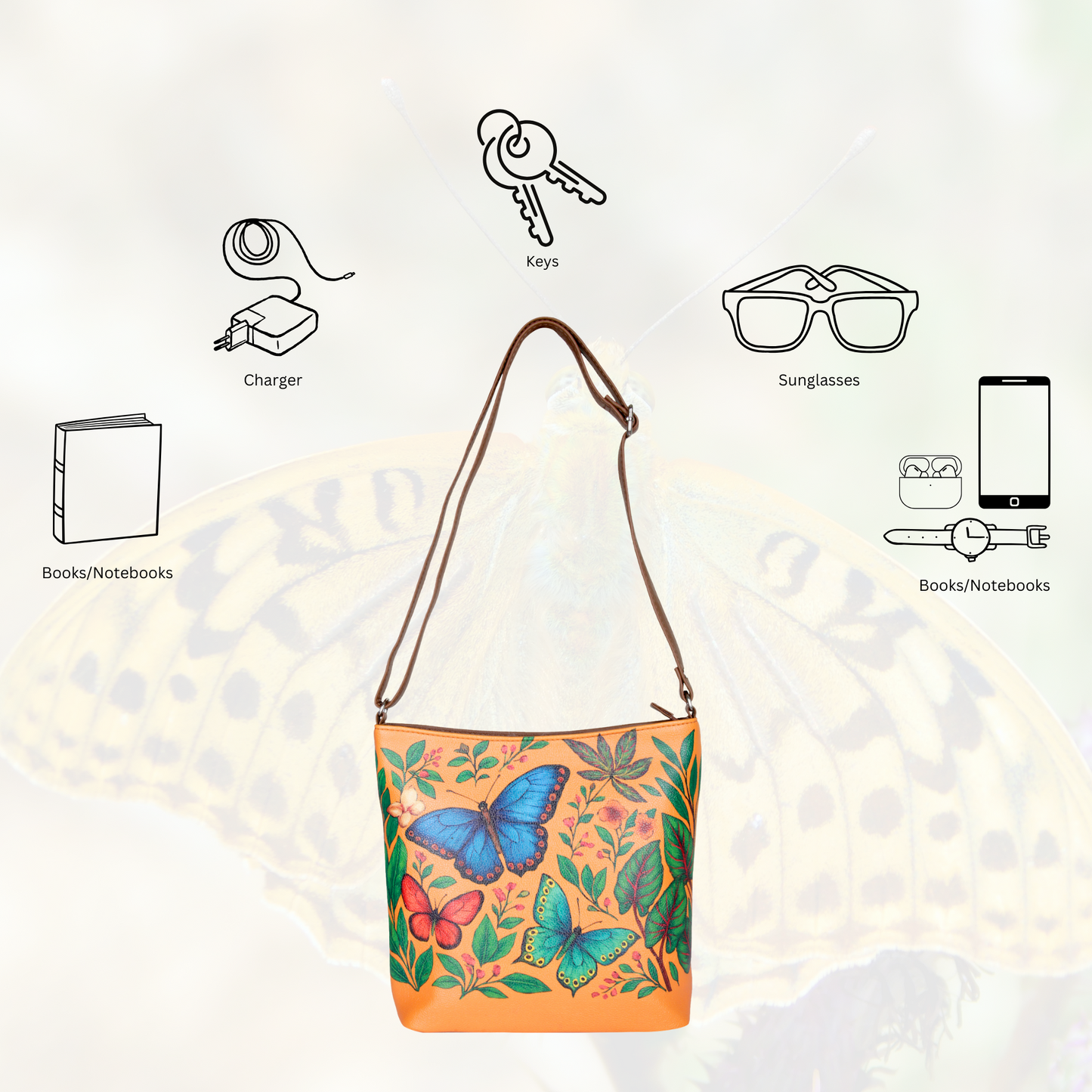 Butterfly Hand Printed Vegan Leather Crossbody Bag – Wholesale Stylish Sling & Shoulder Purse for Women
