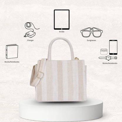 Wholesale Taupe Striped Canvas Crossbody Tote Handbag For Travel Use