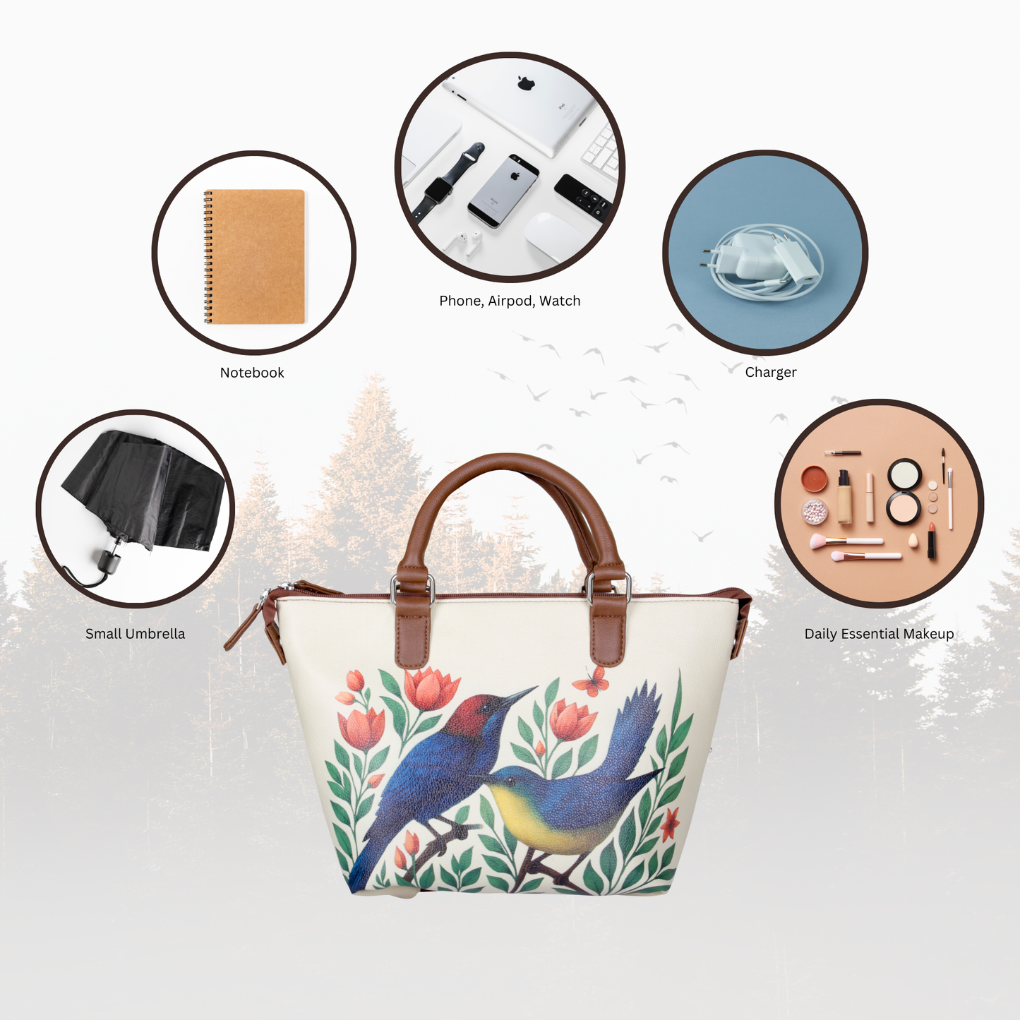 Women’s Birds Vegan Leather 3‑in‑1 Hand Printed Wholesale Convertible Shoulder Bag – Stylish Top Handle Crossbody Purse