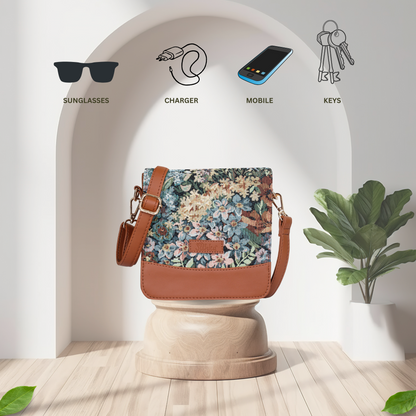 Botanical Tapestry Crossbody Sling Bag – Women Shoulder Purse with Vegan Leather Trim