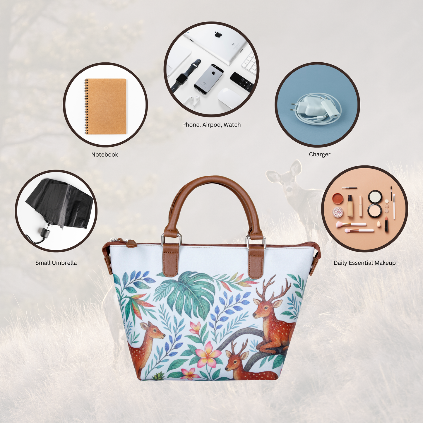Women’s Deer Vegan Leather 3‑in‑1 Hand Printed Wholesale Convertible Shoulder Bag – Stylish Top Handle Crossbody Purse – Everyday Use
