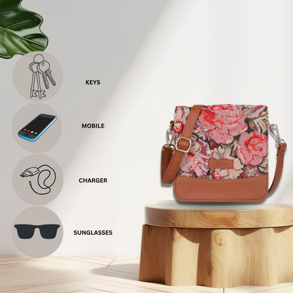 Floral Tapestry Crossbody Bag – Women Sling Shoulder Purse with Vegan Leather Trim