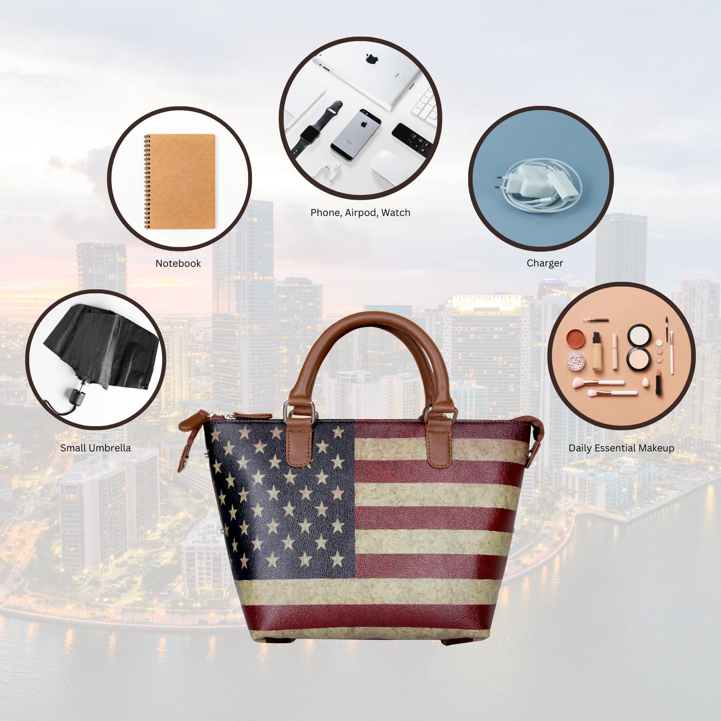 Women’s USA Flag Vegan Leather 3‑in‑1 Hand Printed Wholesale Convertible Shoulder Bag – Stylish Top Handle Crossbody Purse