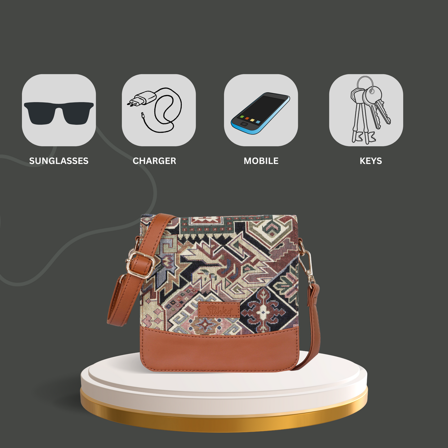 Geometric Tapestry Crossbody Bag – Women Sling Shoulder Purse with Vegan Leather Trim Handle