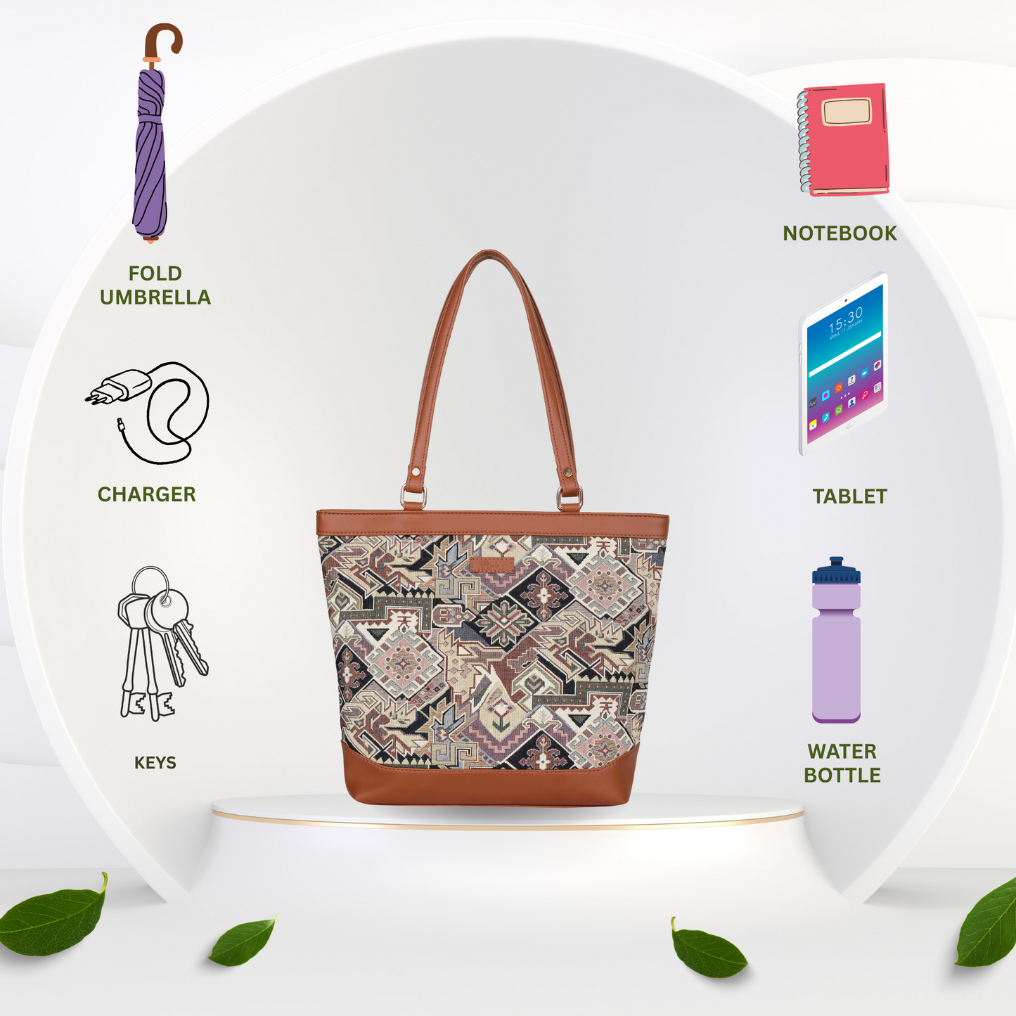 Women Geometric Tapestry Tote Bag – Elegant vegan leather-Trimmed Shoulder Purse with Top Handle