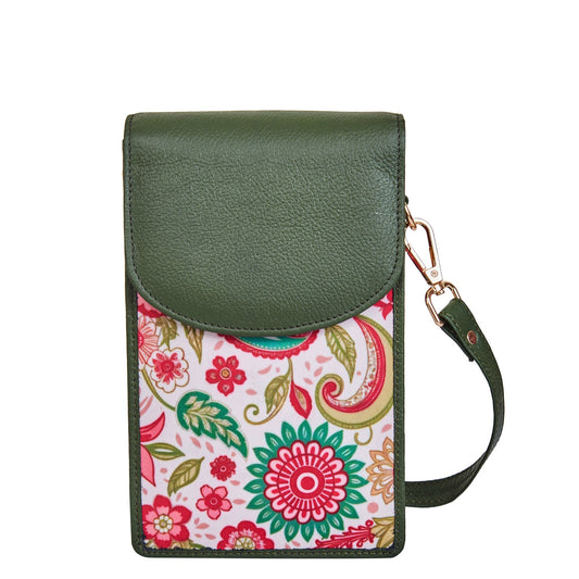 Wholesale Women's Paisley Crossbody Phone Wallet - Fabric with Leather Trim
