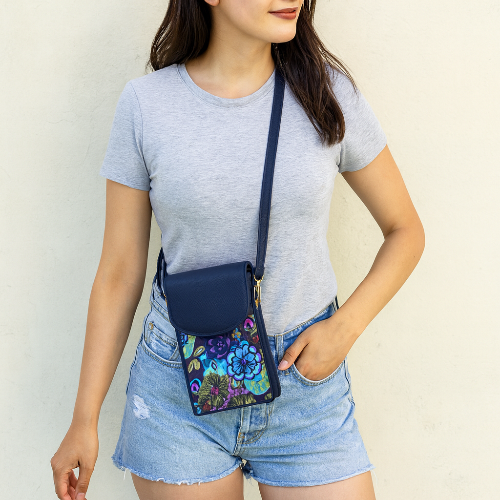 Wholesale Women's Floral Crossbody Wallet - Fabric with Leather Trim