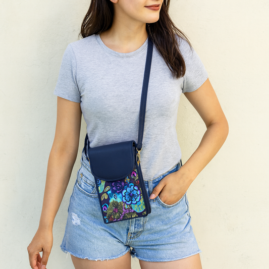 Wholesale Women's Floral Crossbody Wallet - Fabric with Leather Trim