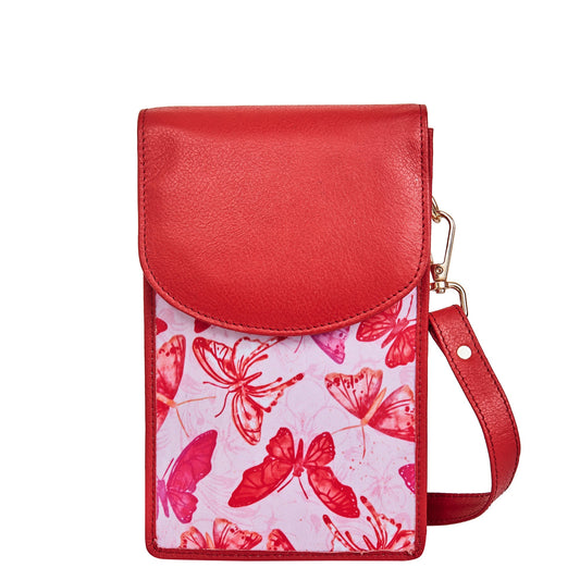 Wholesale Women's Butterfly Crossbody Phone Wallet - Fabric with Leather Trim