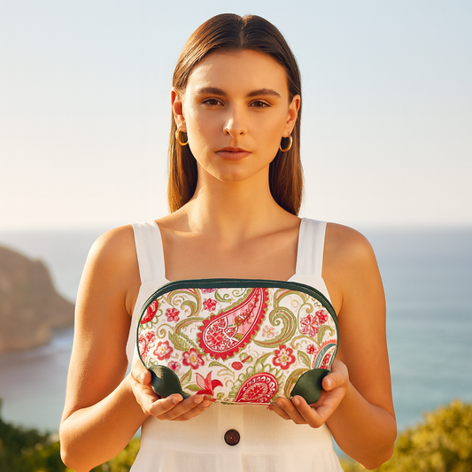 Women's Wholesale Paisley Cosmetic Bag - Fabric with Leather Trim for Travel