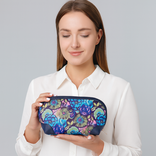 Women's Wholesale Floral Cosmetic Travel Bag - Fabric with Leather Trim Use