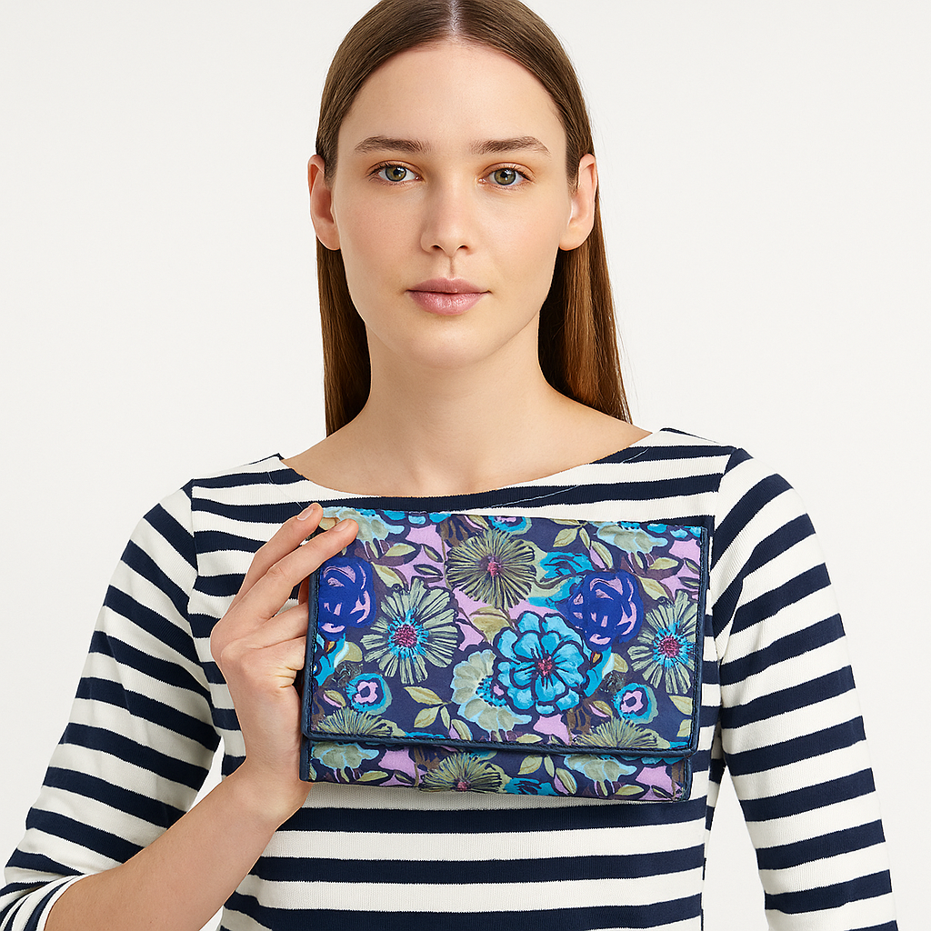 Wholesale Floral Tri-Fold Wallet - Fabric with Leather Trim For Women