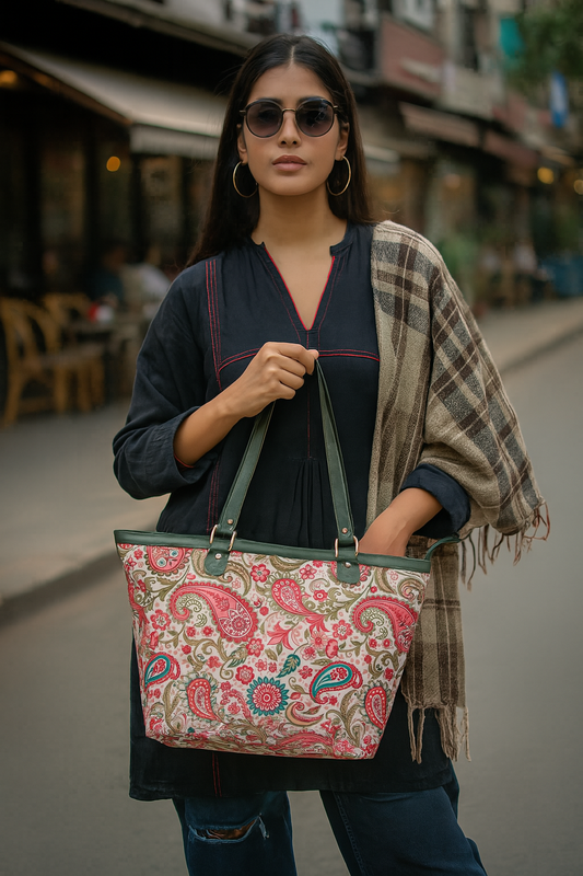 Wholesale Women Paisley Tote Bag - Fabric with Leather Trim Zip Closure Tote Bag