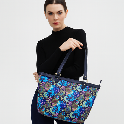 Wholesale Women Botanical Fabric Tote Bag - Fabric with Leather Trim Zip Closure