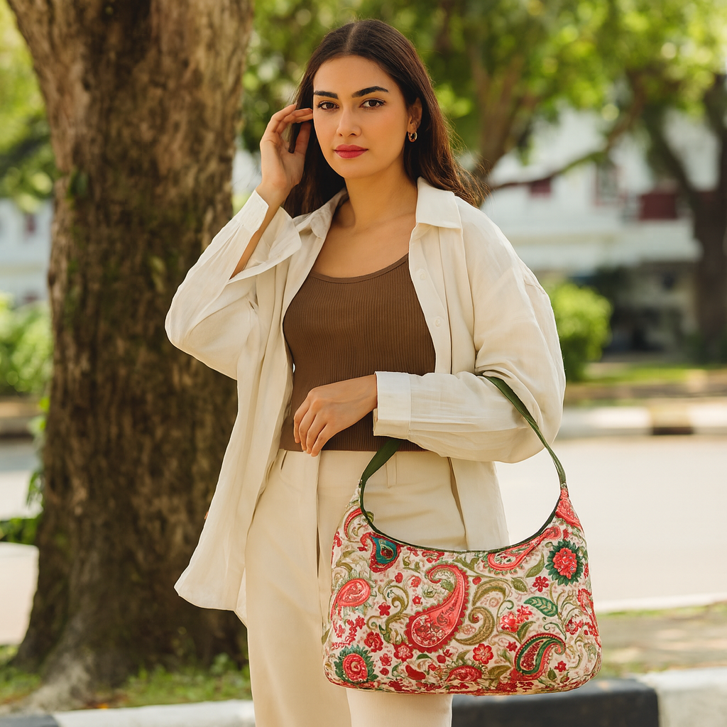 Wholesale Paisley Sling Hobo Bag - Fabric with Leather Trim for Women