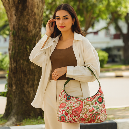 Wholesale Paisley Sling Hobo Bag - Fabric with Leather Trim for Women