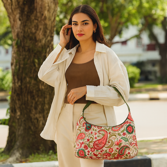 Wholesale Paisley Sling Hobo Bag - Fabric with Leather Trim for Women
