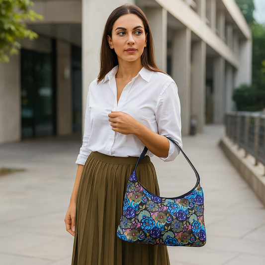 Wholesale Botanical Hobo Sling Bag - Fabric with Leather Trim - Women