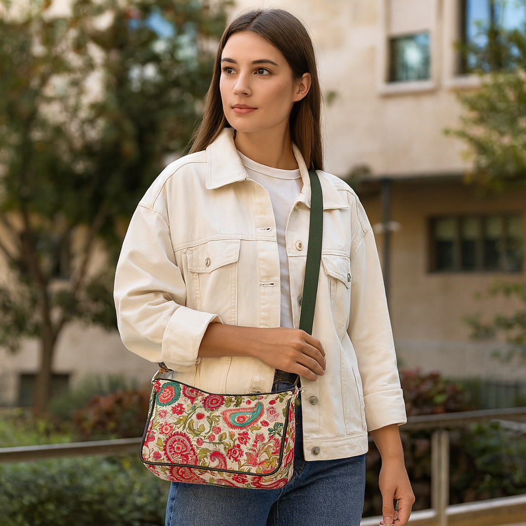 Wholesale Paisley East West Hobo Bag - Fabric with Leather Trim for Women