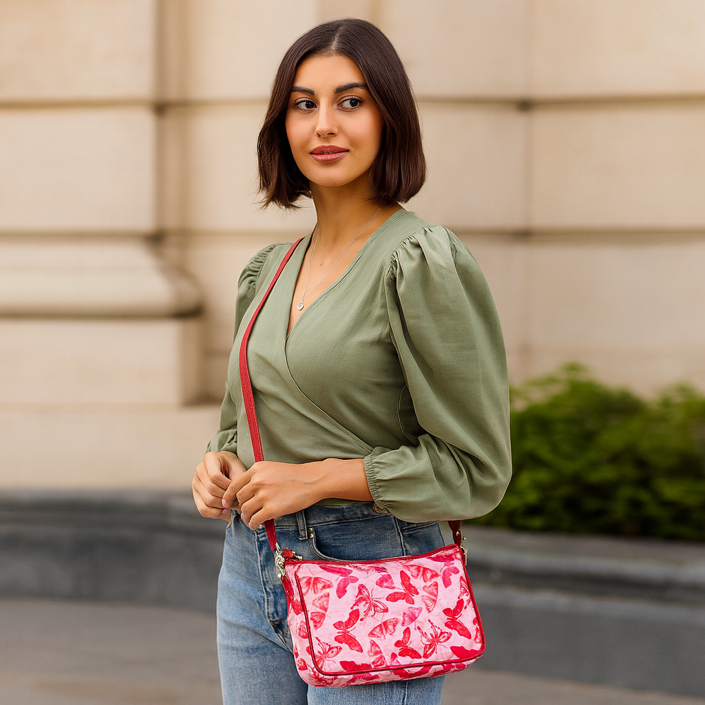Wholesale Butterfly East West Hobo Bag - Fabric with Leather Trim for Women
