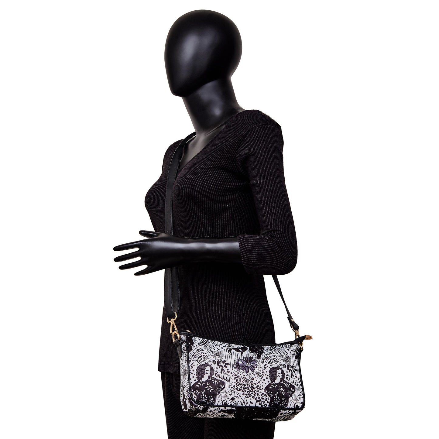Wholesale Black White East West Hobo Bag - Fabric with Leather Trim for Women