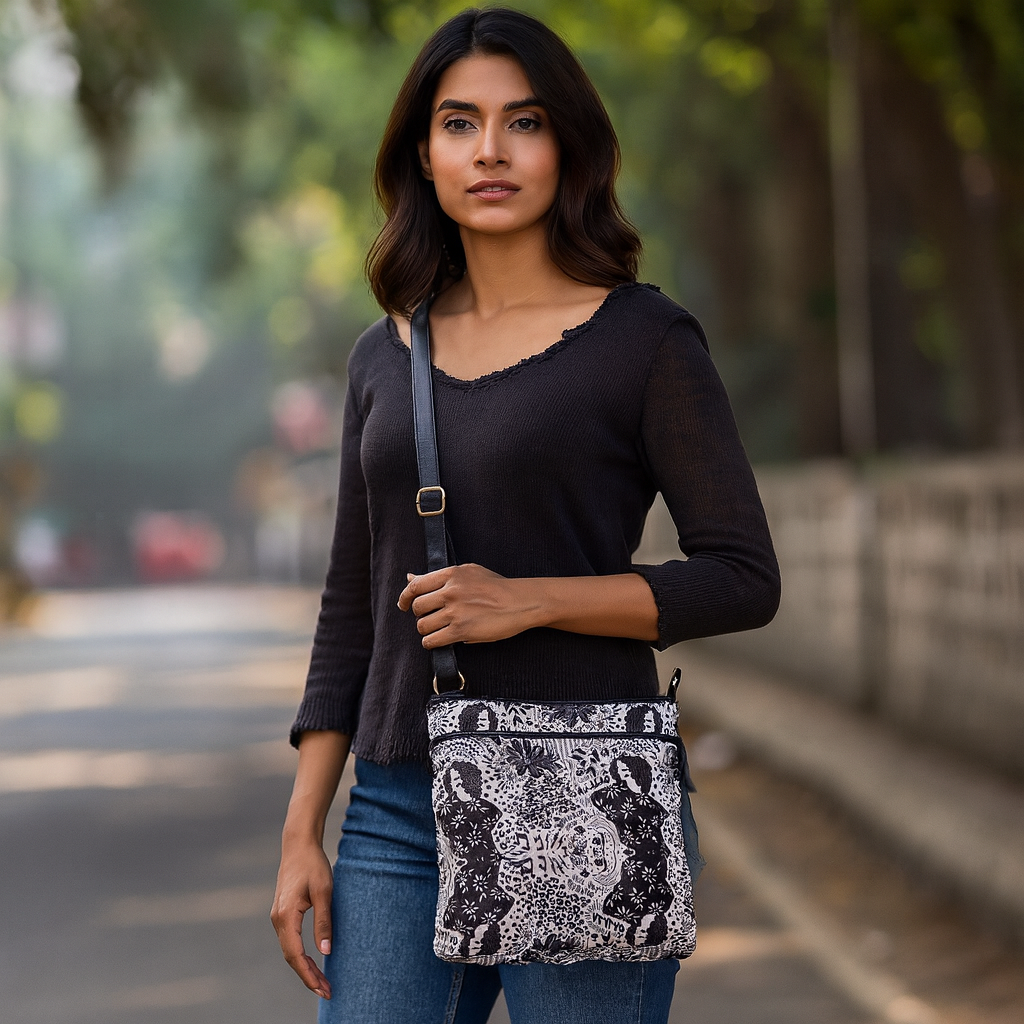 Monochrome Crossbody Bag - Fabric with Leather Trim for Women in Wholesale