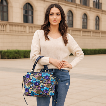 Wholesale Women Botanical Satchel Bag - Fabric with Leather Trim