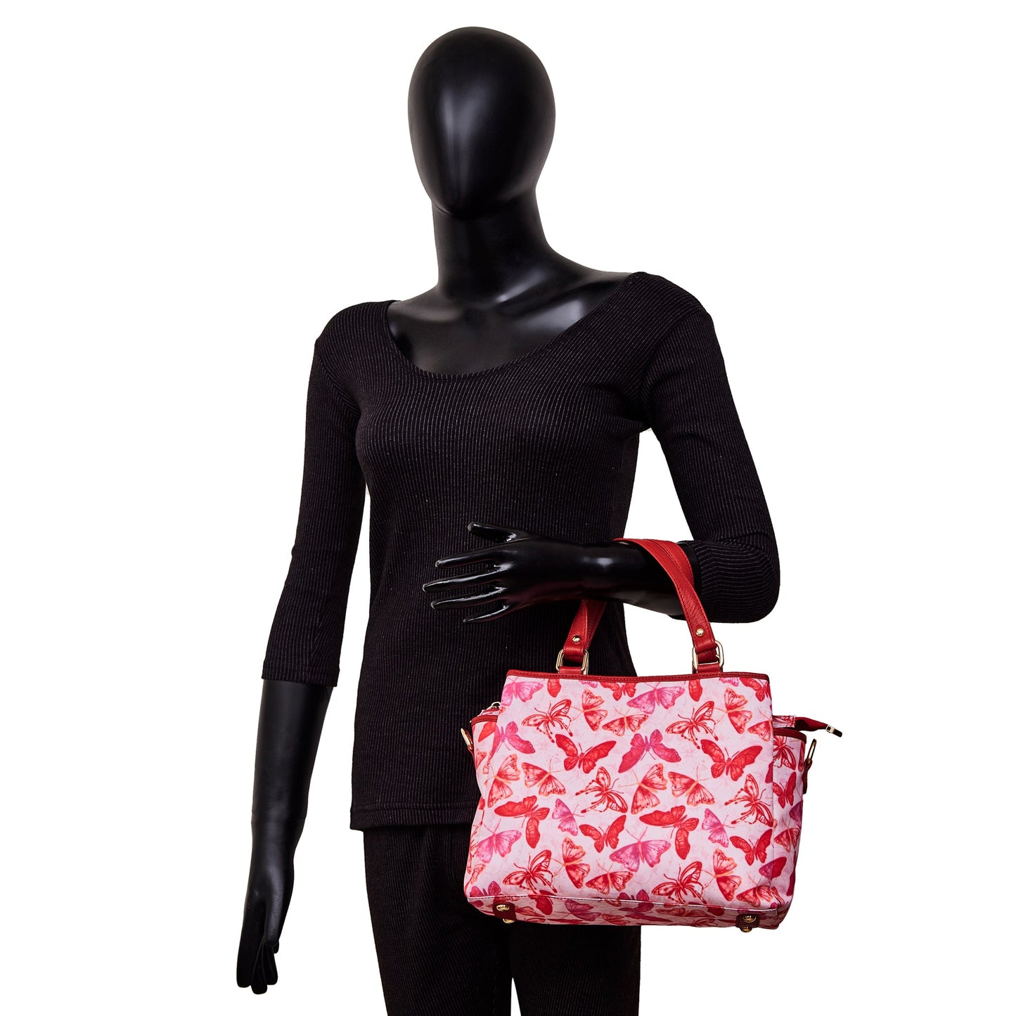 Wholesale Women Butterfly Satchel Fabric Bag - Fabric with Leather Trim