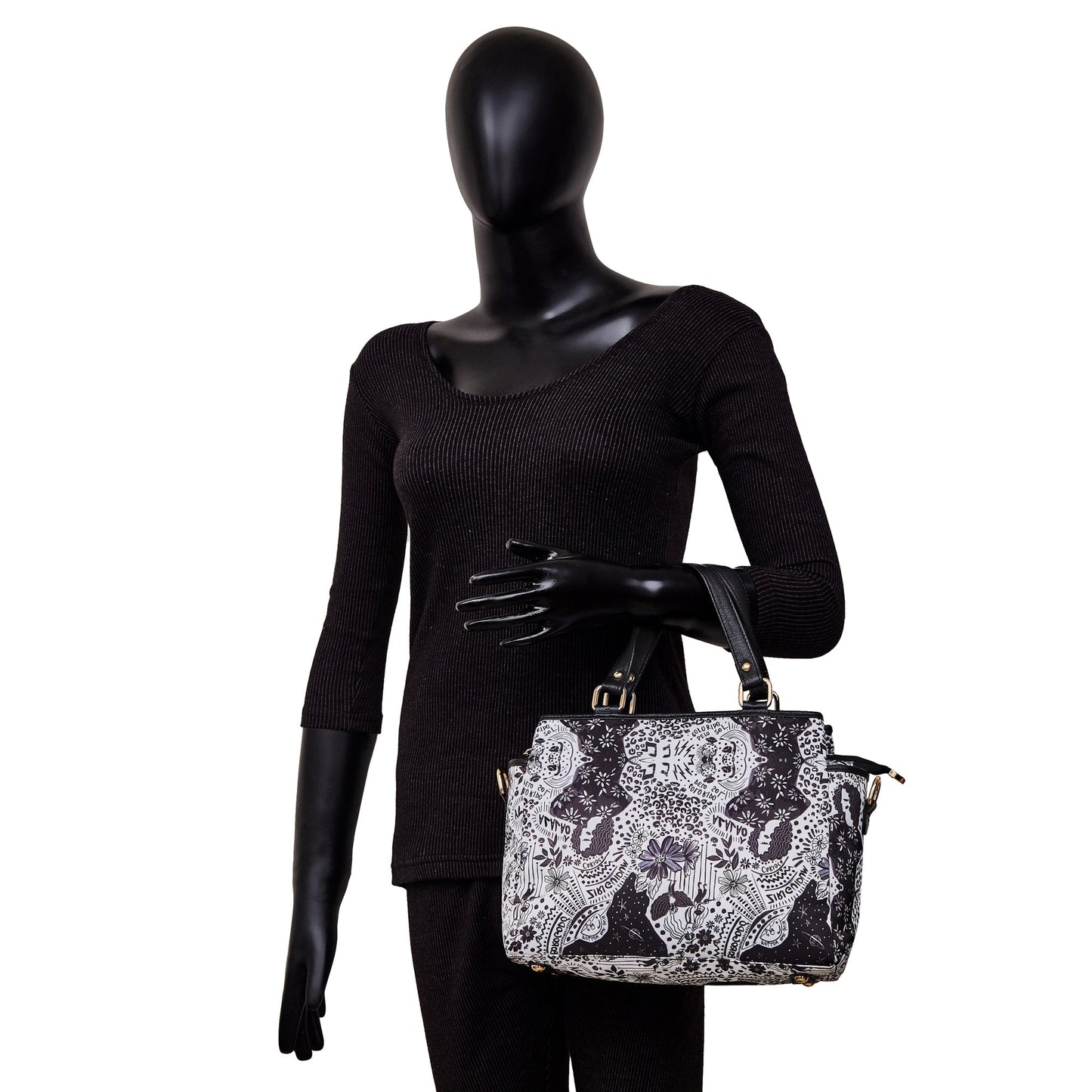 Wholesale Women Monochrome Satchel Fabric Bag - Fabric with Leather Trim