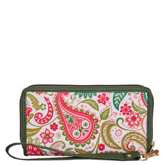 Wholesale Women's Paisley Wristlet Wallet - Fabric with Leather Trim