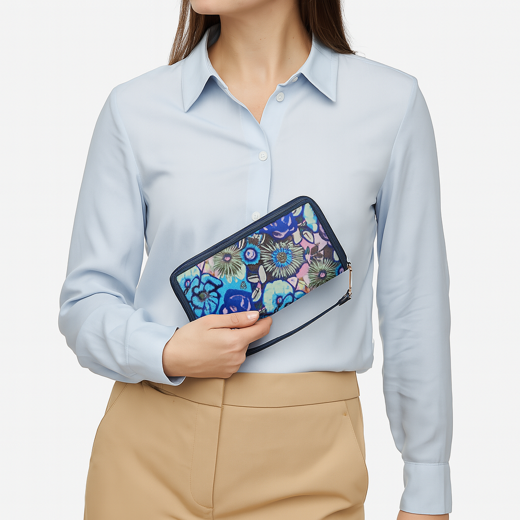 Wholesale Women Floral Wristlet Wallet - Fabric with Leather Trim