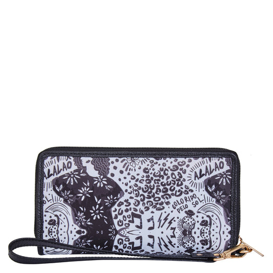 Wholesale Women Black & White Wristlet Wallet - Fabric with Leather Trim