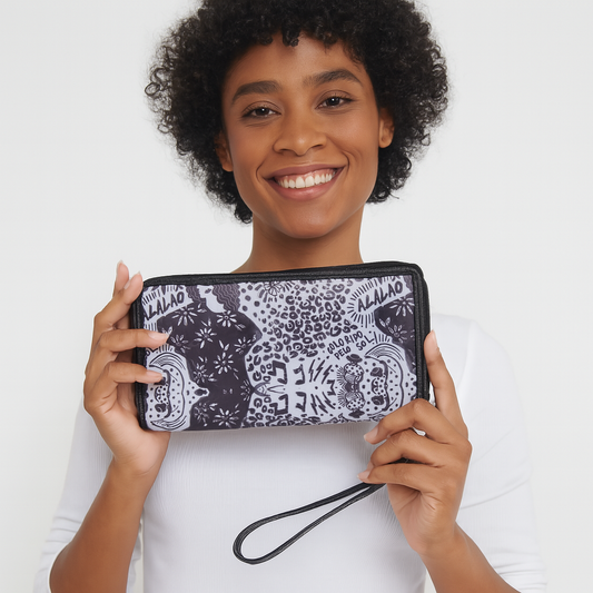 Wholesale Women Black & White Wristlet Wallet - Fabric with Leather Trim