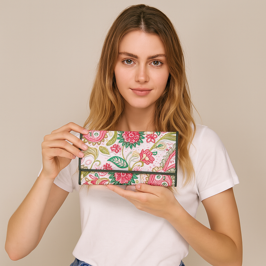 Wholesale Paisley Print Trifold Wallet - Fabric with Leather Trim for Women
