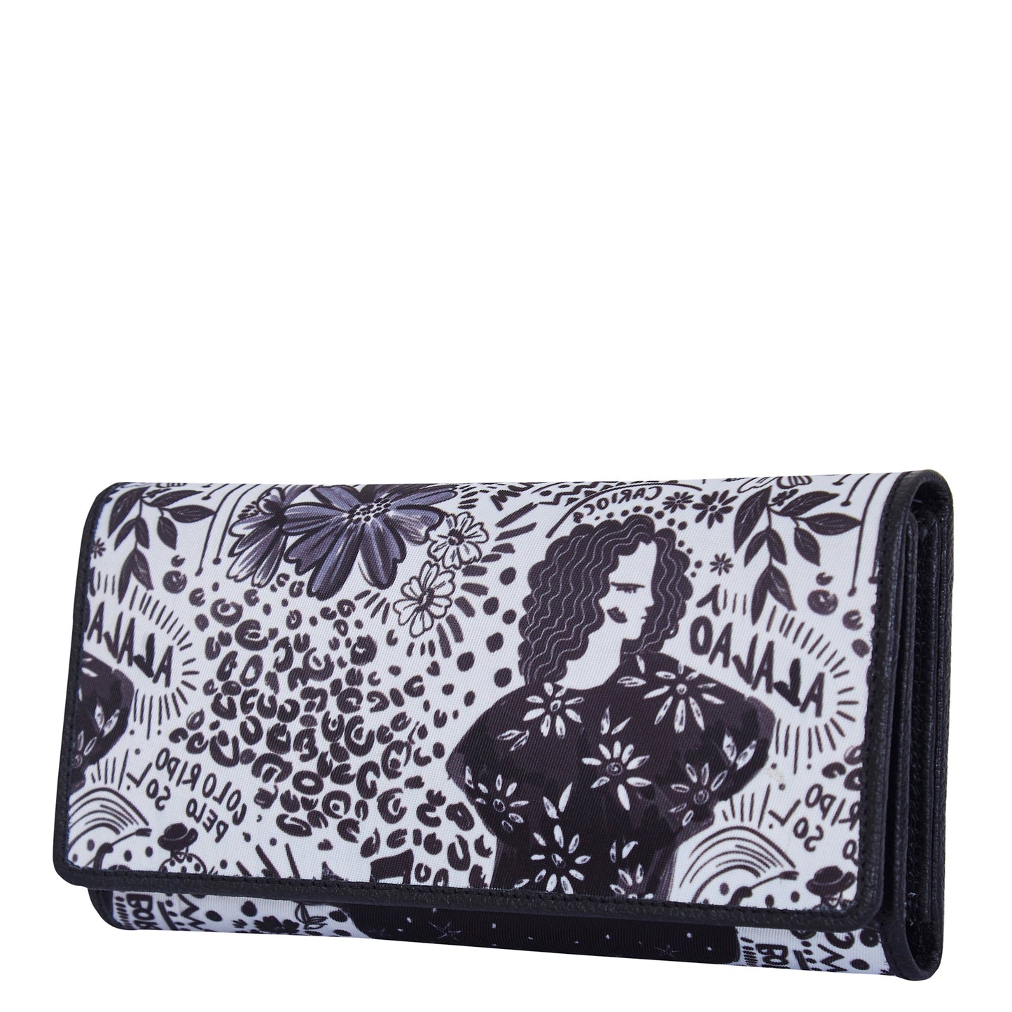 Wholesale Black White Trifold Wallet - Fabric with Leather Trim for women