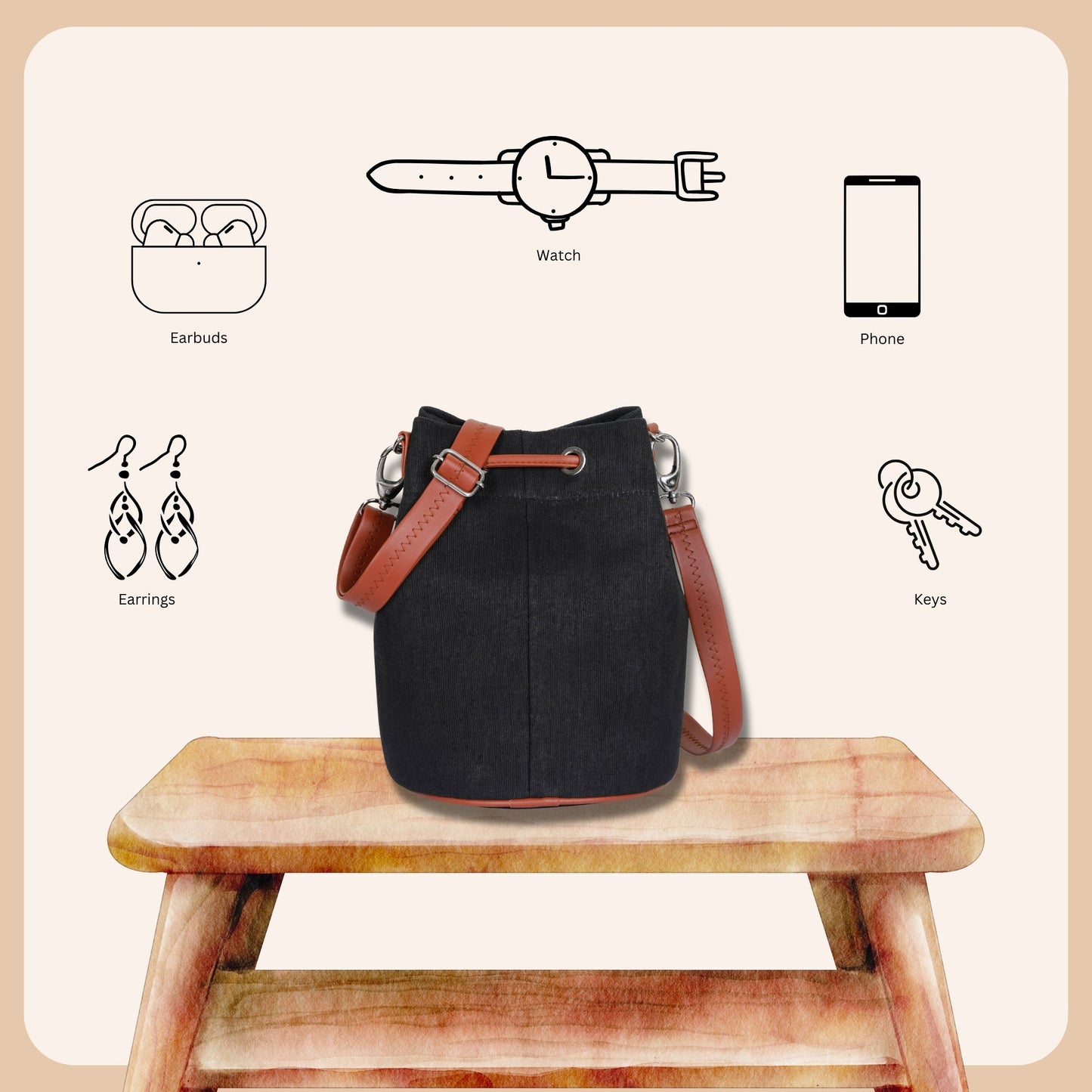 Wholesale  Black Canvas Bucket Crossbody Sling  with Vegan Leather