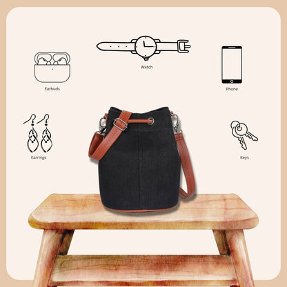 Wholesale  Black Canvas Bucket Crossbody Sling  with Vegan Leather