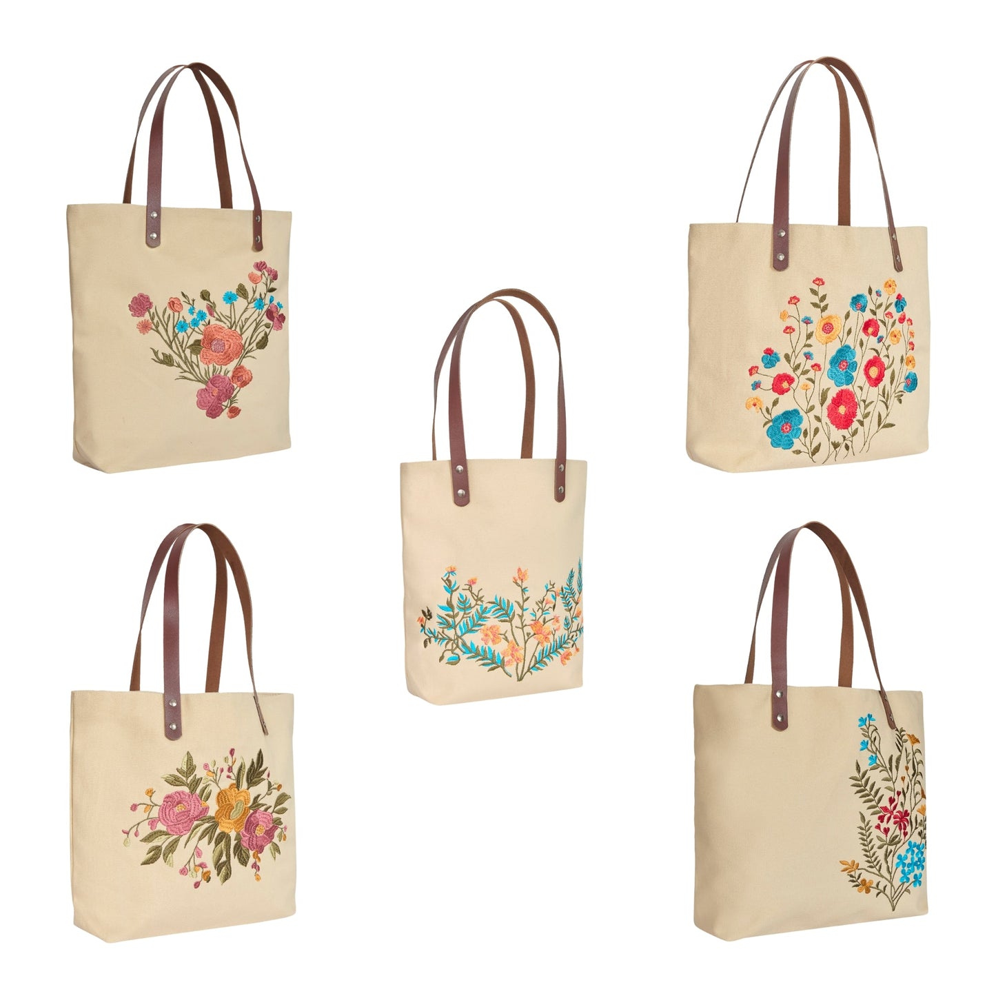 Wholesale Floral Embroidered Canvas Tote Bag with leather