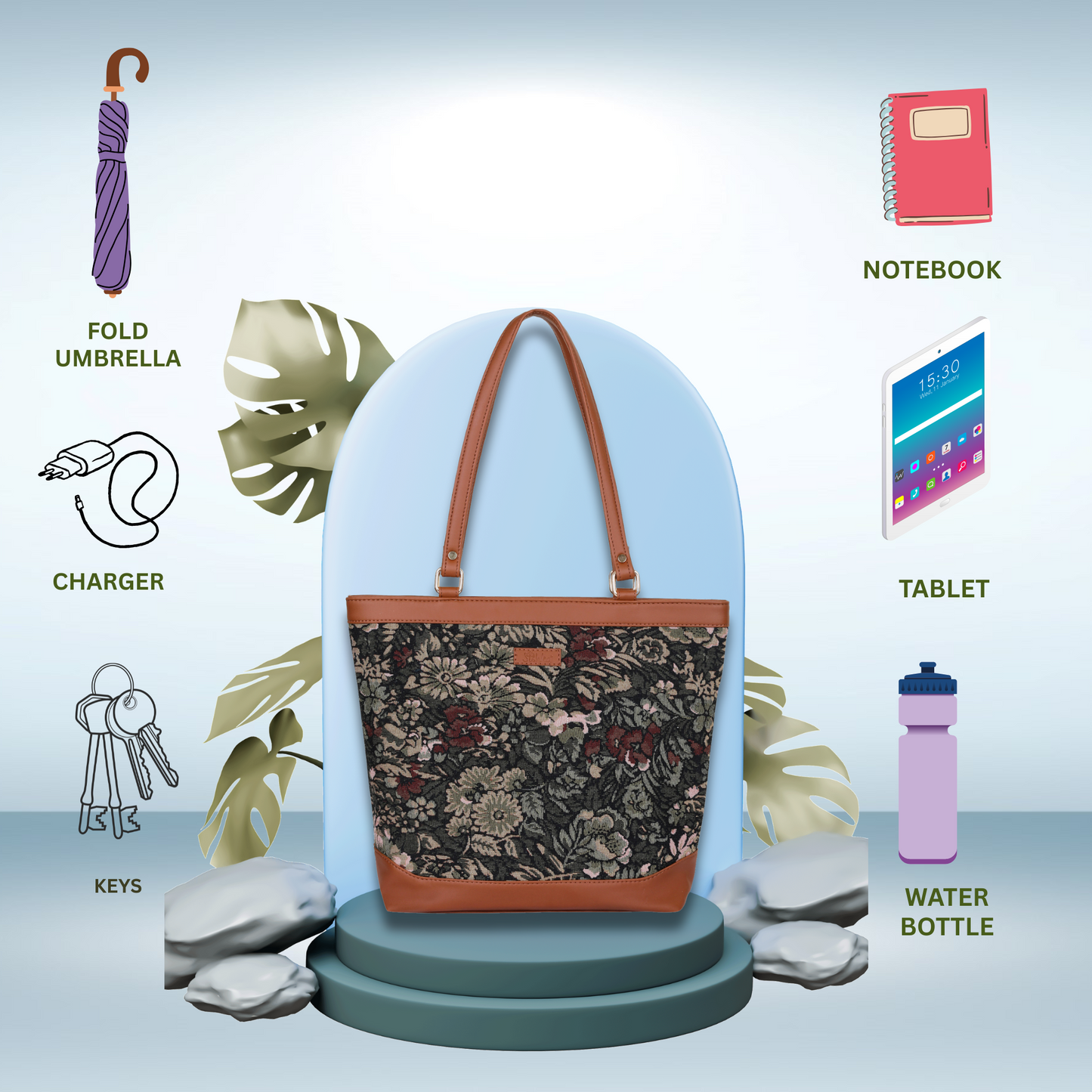 Women Vintage Tapestry Tote Bag – vegan leather-Trimmed Top Handle Shoulder Handbag for Office