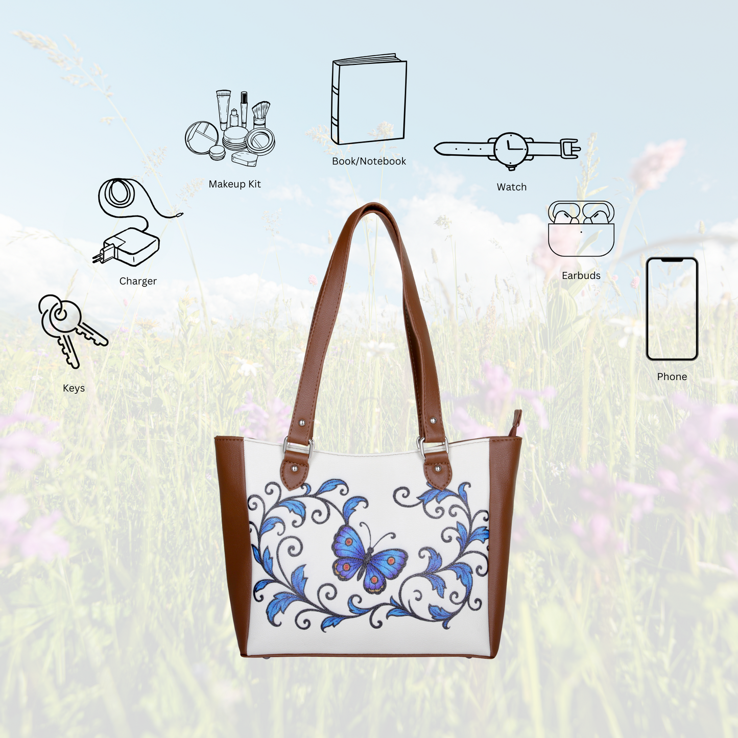 Butterfly Hand Printed Wholesale Vegan Leather Shoulder Tote Bag– Handbag, Top Handle Purse for Women – Ideal for Office, Travel & Everyday Use