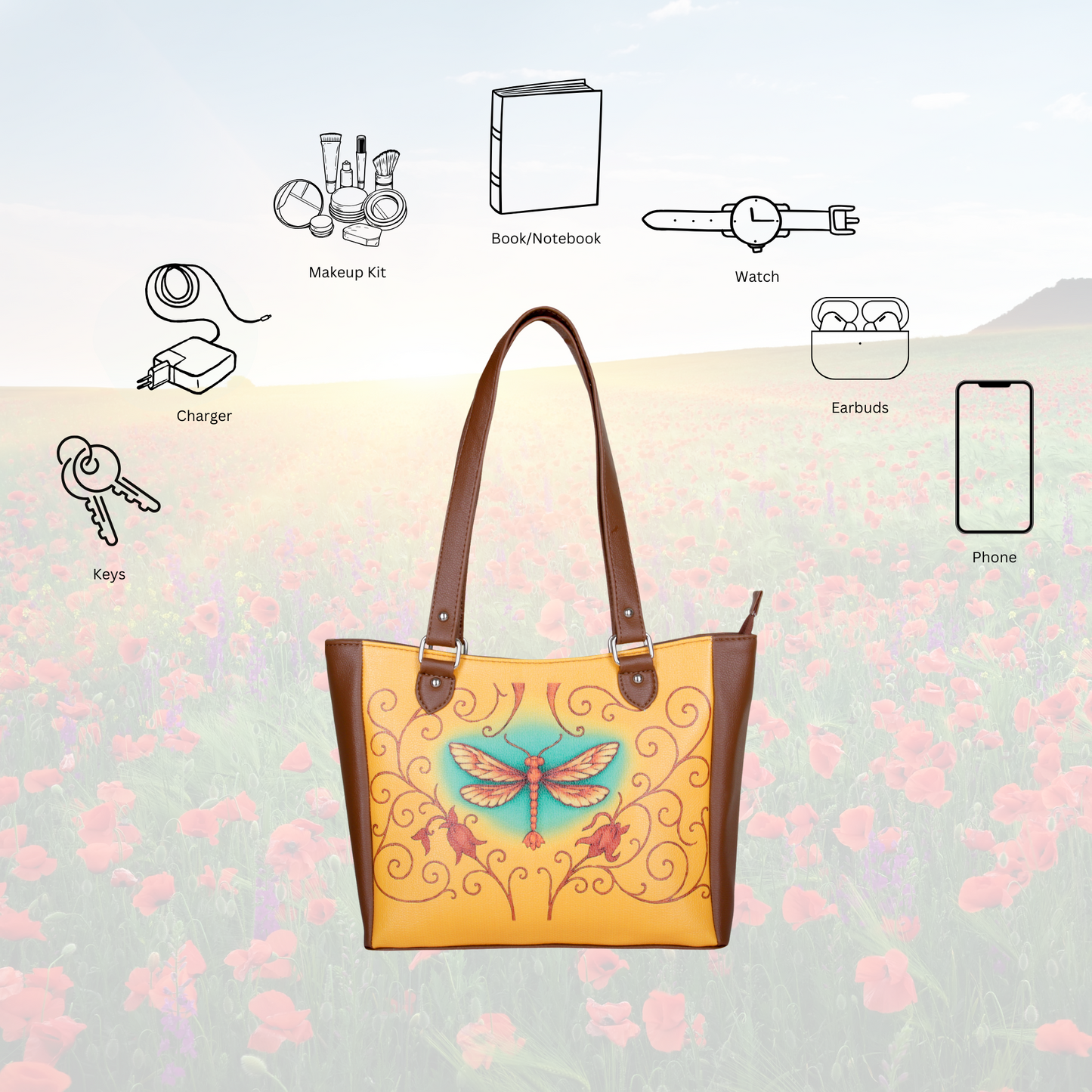 Dragonfly Wholesale Hand Printed Vegan Leather Shoulder Tote Bag– Handbag, Top Handle Purse for Women – Ideal for Office, Travel & Everyday Use