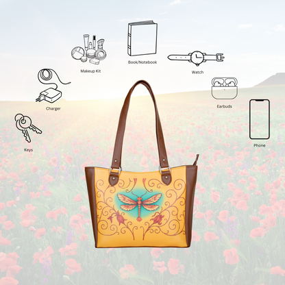 Dragonfly Wholesale Hand Printed Vegan Leather Shoulder Tote Bag– Handbag, Top Handle Purse for Women – Ideal for Office, Travel & Everyday Use