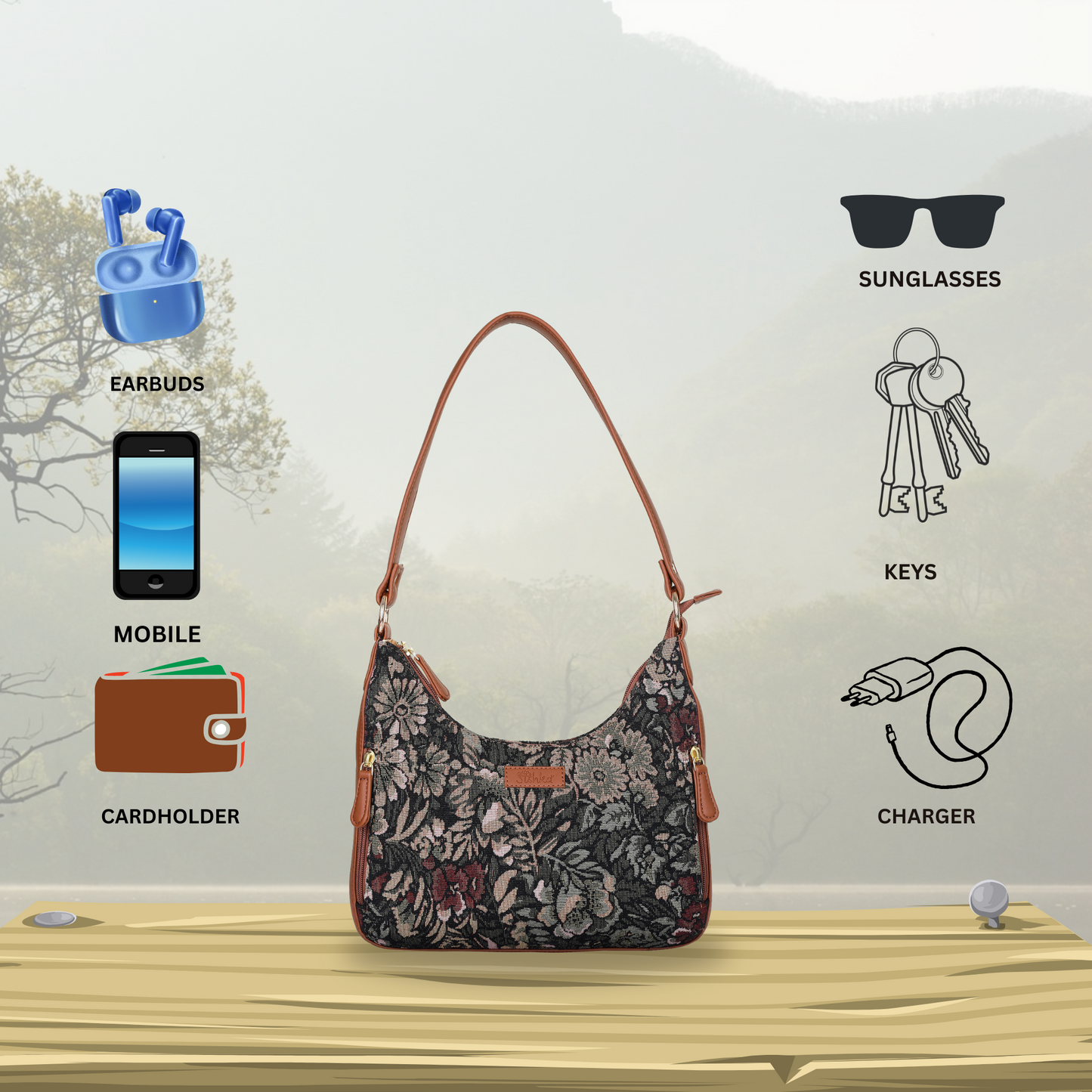 Women's Hobo Bag in Tapestry Vintage Pattern Fabric | Shoulder & Sling Purse with vegan leather Strap for Daily Use